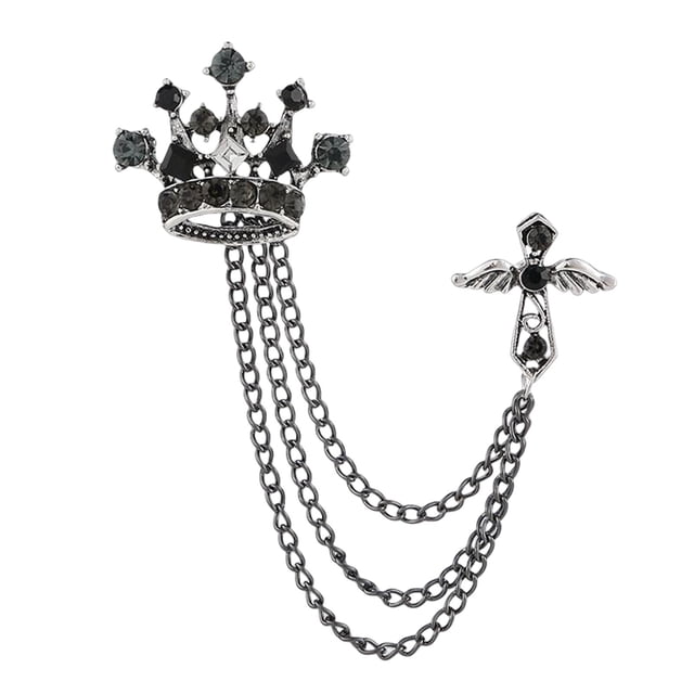 Broche de corona jinwen para hombre joyería de camisas negro con cadenas colgantes