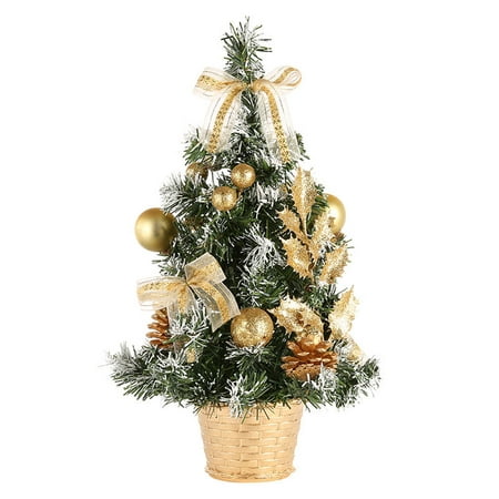 15.7-inch Tabletop Mini Artificial Christmas Tree Decor with UL-Certified Shiny Red Berries, Gold Ornaments,