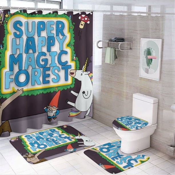 Bosque mágico súper feliz-theme 4-Piece Shower Curtain Set with Rugs, Waterproof Bathroom Decor Set Includes Bath Mat, U-Shaped Rug, Toilet Lid Cover and Curtain with Hooks