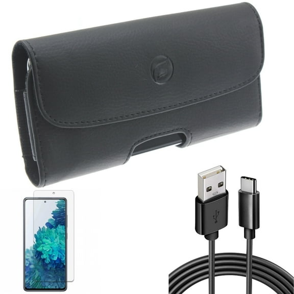 Screen Protector & Case Belt Clip & 6ft USB Cable for Samsung Galaxy S20 Fan Edition - Anti-Glare Tempered Glass   Leather Holster   Type-C Charger Cord Combo