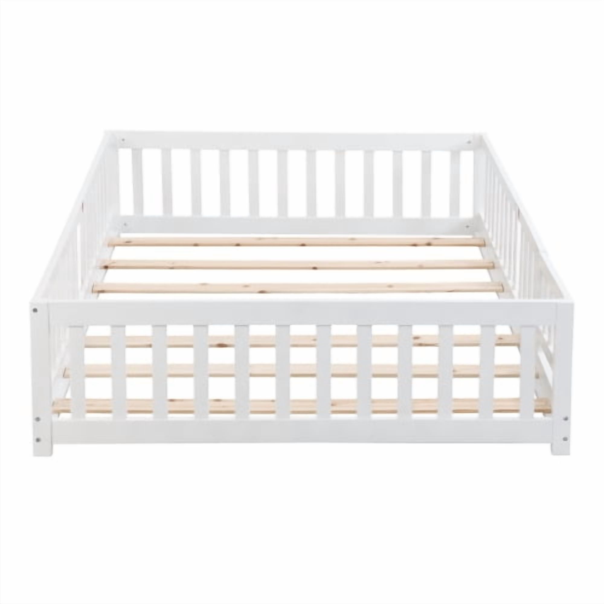 full Size Floor Bed with Door,Solid Wood Platform Bed Frame with Fence,Suitable for children,Pine Wood,White