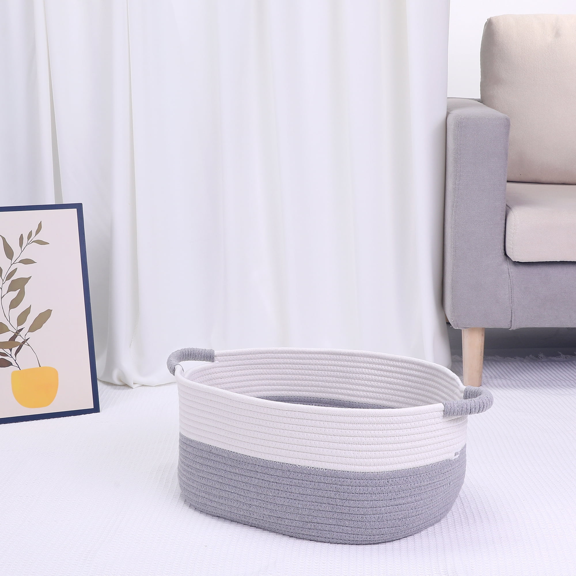 Unique Bargains Woven Storage Basket Bin with Handles White/Grey 17*12.5*8.5in