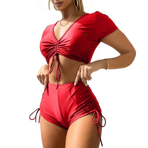 Dresfit Short Sleeve High Waisted Two Piece Swimsuit - Sexy Split Crop Top Swim Set Red L