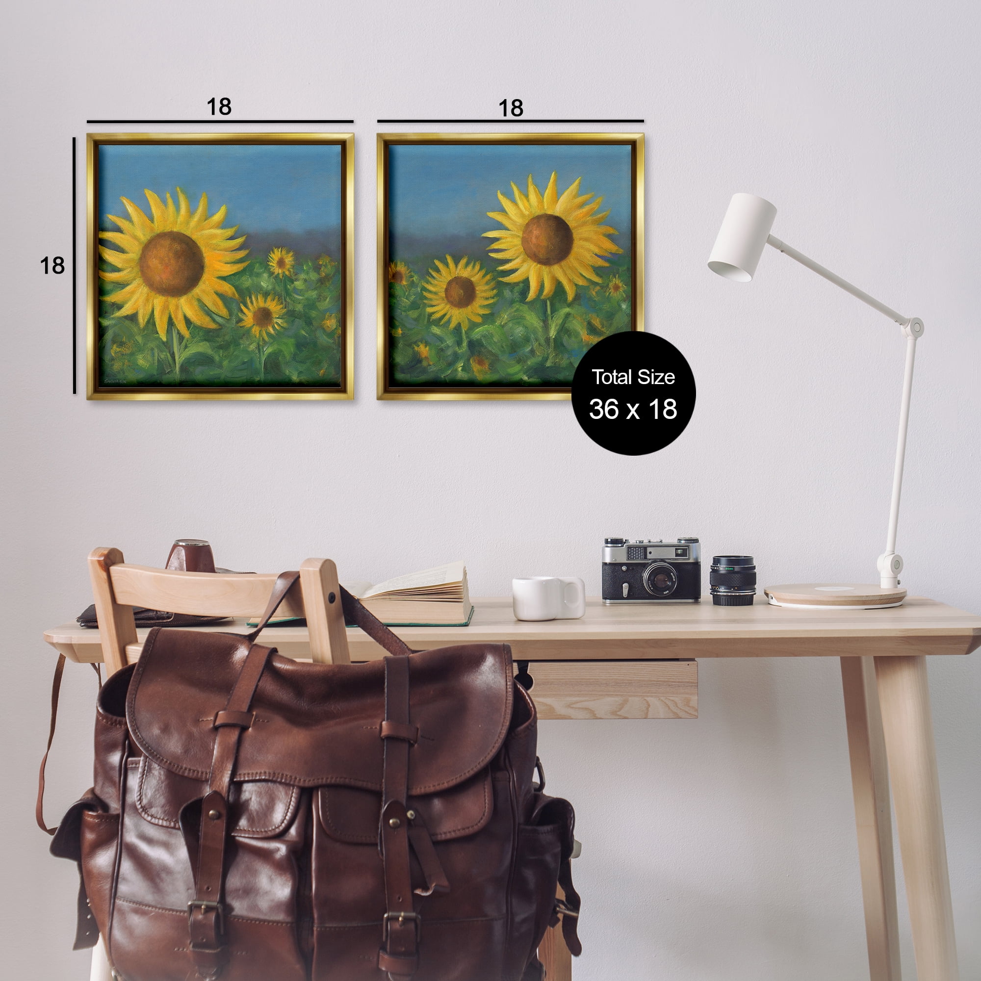 Stupell Industries Gorgeous Sunflower Field Plants & Flowers Painting Gold Floater Framed Canvas Art Print Wall Art, 18 x 18, Set of 2