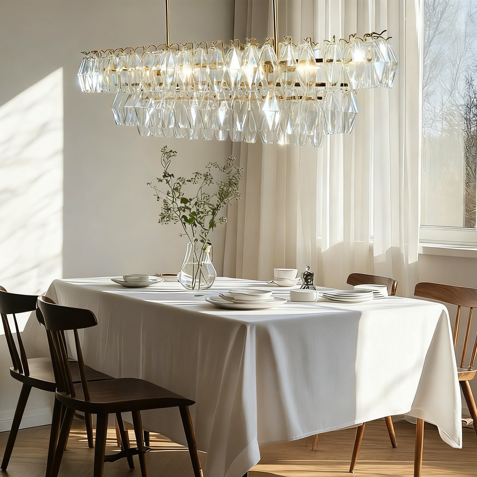 Elegance Fluted Adjustable Crystal Chandelier with Luxe Metallic Finish Fixtures for Dining Living Room Ceiling Lamp for Bedroom