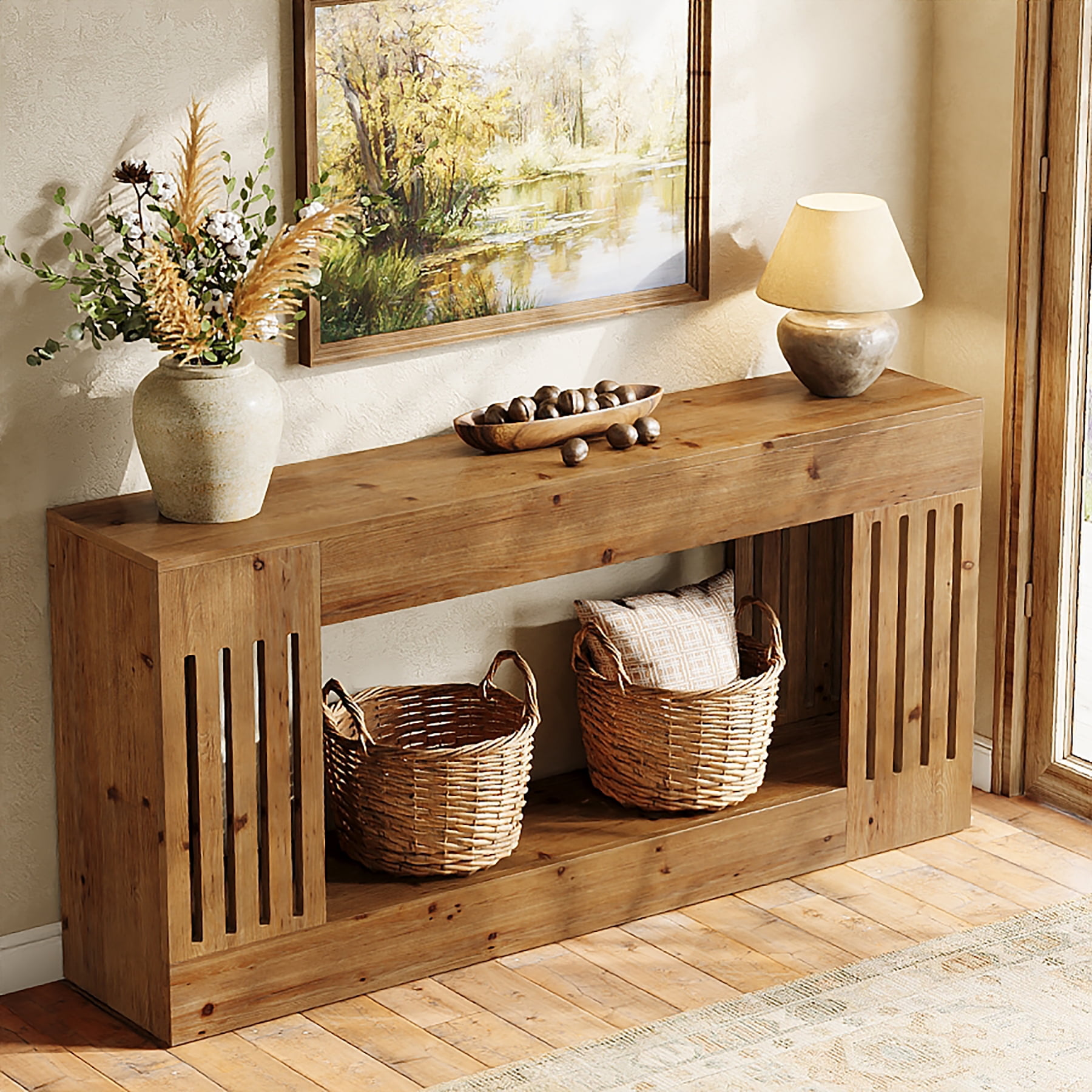 Tribesigns 63-Inch Solid Wood Console Table, Farmhouse Sofa Table with with Vertical Stripe Legs, 2-Tier Entryway Table for Entrance, Hallway, Living Room, Brown