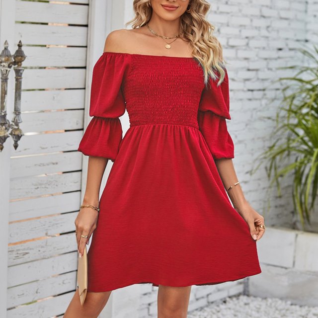 Vestido de mujer de una línea sin espalda cuello cuadrado vestido de verano para cóctel (rojo XXL) FLhrweasw Para estrenar