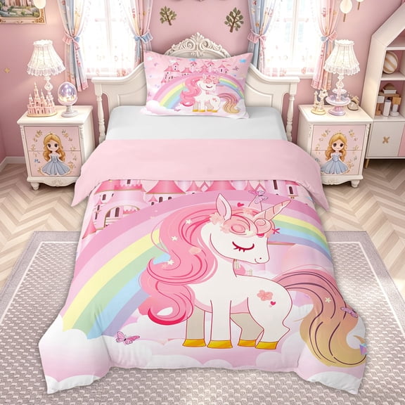 meiyoeat Magical Unicorn Castle Twin Duvet Cover for Kids Girls, Rainbow Princess Style Twin Bedding, Pink White, Pink Reversible, 2 Pieces