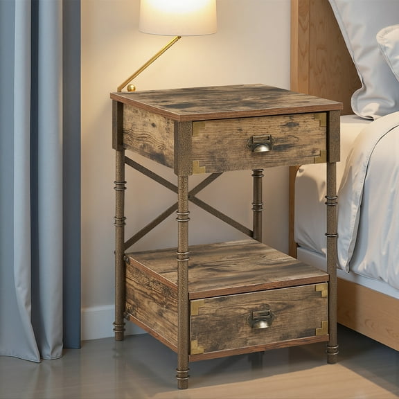 VECELO Nightstand with 2 Drawers and Cross Side Bedside Table, Suitable for Living Room, Bedroom, Brown, One Piece Set