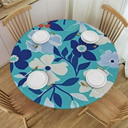 

Ullo0ord Aqua Round Tablecloth Fitted Spring Flowers on Blue Backdrop Print Elastic Edged Polyester Table Cloth Fits Round Table for Outdoor Indoor Use Multicolor 54 -58