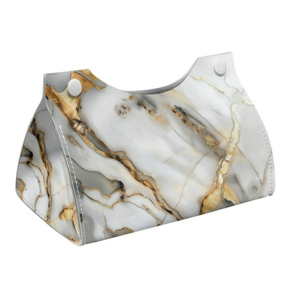 COEQINE Tissue Box Cover Decorative Accessories PU Leather Rectangle Tissue Case Dispenser Facial Paper Organizer for Vanity, Nightstand, Office Desk, Home Decor, White Grey Gold Marble