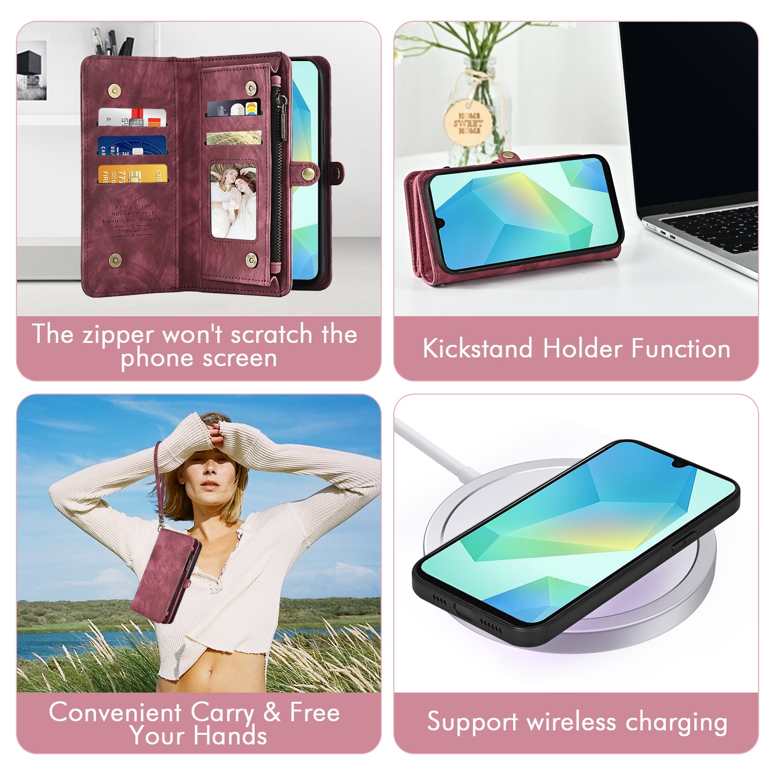 Asuwish Phone Case for Samsung Galaxy A16 5G/4G Zipper Wallet Detachable Cell Cover with Tempered Glass Screen Protector Crossbody Lanyard Strap Flip Card Holder A 16 16A SM-A166U Women Men Girls Red