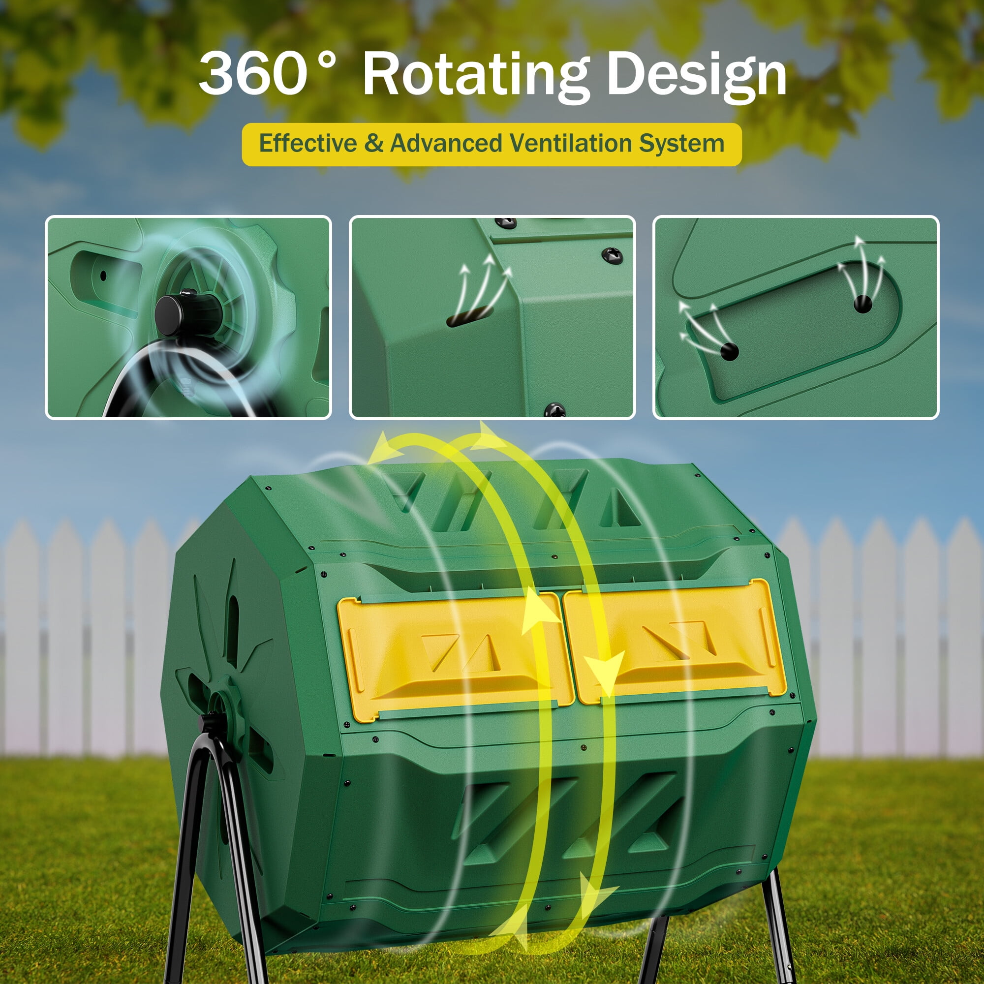 HomGarden 43Gal Tumbling Composter Bin 360° Dual Chamber BPA Free Green 36.4-in Height