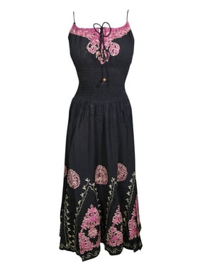 Mogul Womens Batik Embroidered Long Dress Sleeveless Elastic Waist Fit Flare Boho Style Summer Dresses