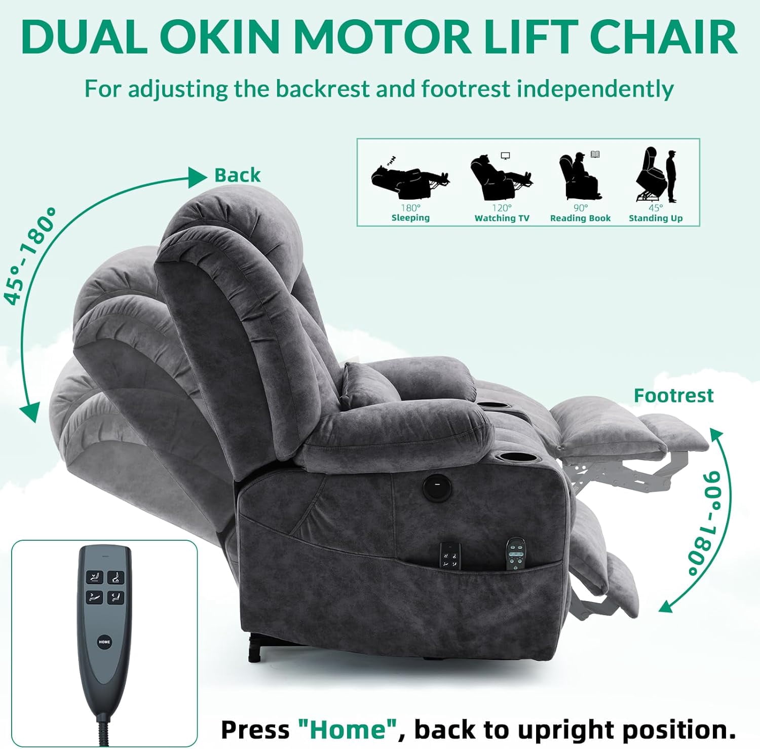 VIVIJASON Tall Man Large Dual Motor Power Lift Recliner Chair with Extended Footrest, Oversized Lay Flat Sleeper Electric Recliner W/Heat & Massage, Lumbar Pillow, USB & Type-C Ports, Plush Gray