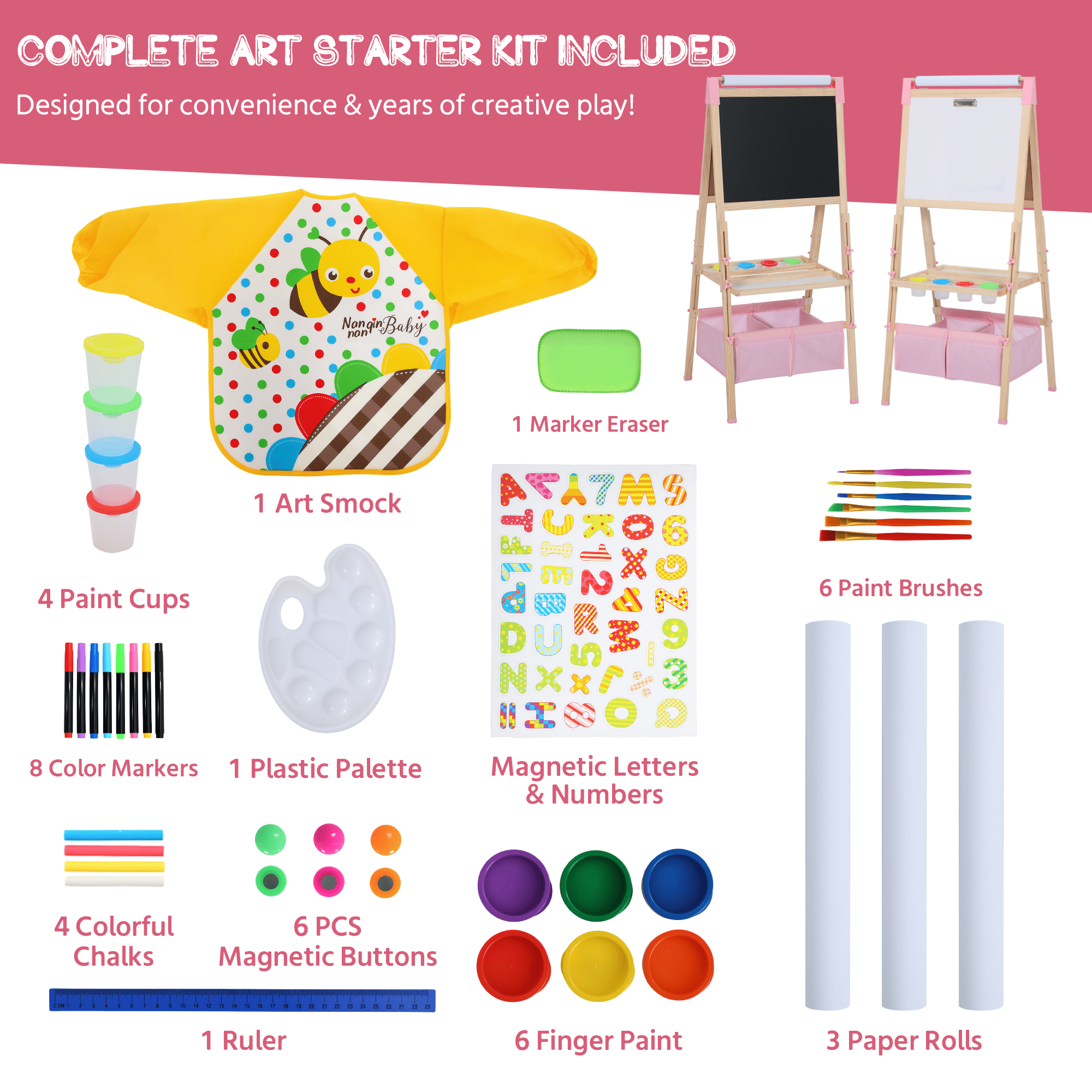 AILEEKISS Kids Art Easel Double-Sided Art Easel with Whiteboard and Chalkboard for Painting, Pink