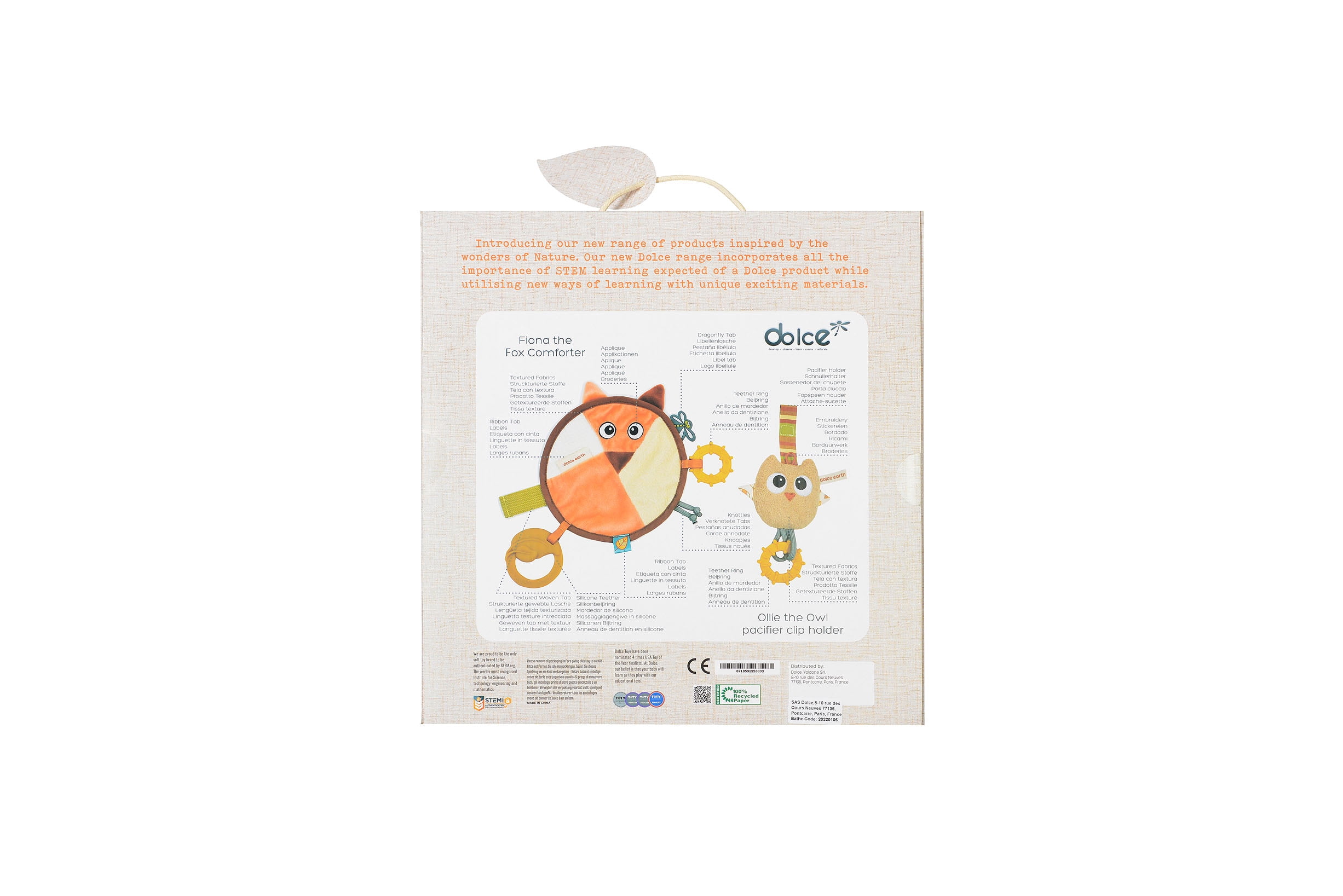 Dolce Fiona the fox comforter and Ollie the owl pacifier clip holder