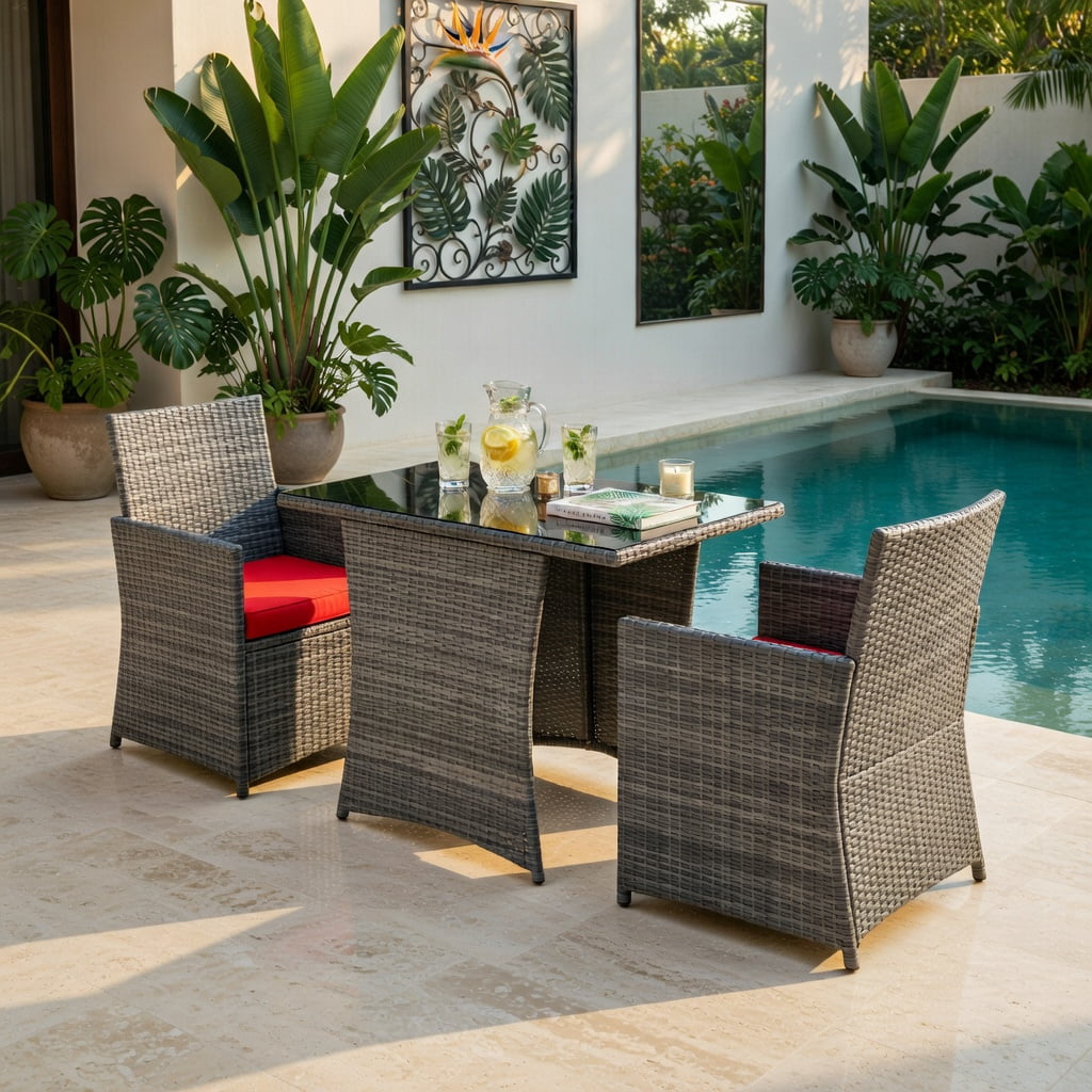 Hommoo 3-Piece Outdoor Rattan Patio Furniture Set, Steel Frame Sofa & Table with Washable Cushions, Red
