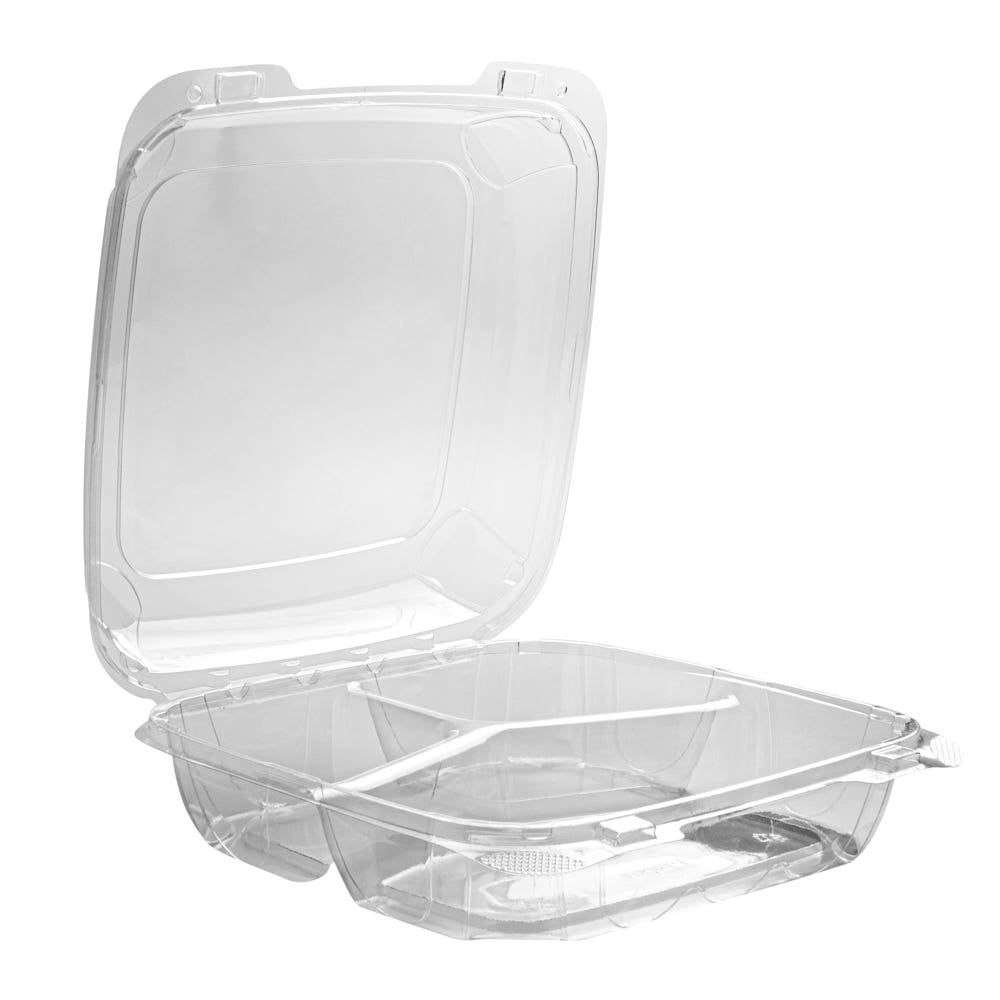 Thermo Tek 39 oz Square Clear Plastic Clamshell Container - Anti-Fog - 7 3/4 inch x 7 3/4 inch x 2 1/2 inch - 100 Count Box