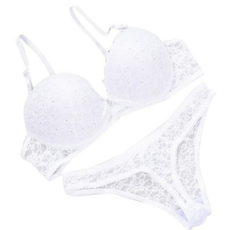 Promotion Clearance Sexy Women Lace Drill Bra Set Push Up Underwear Set Bra  And Thong Set White 80C
