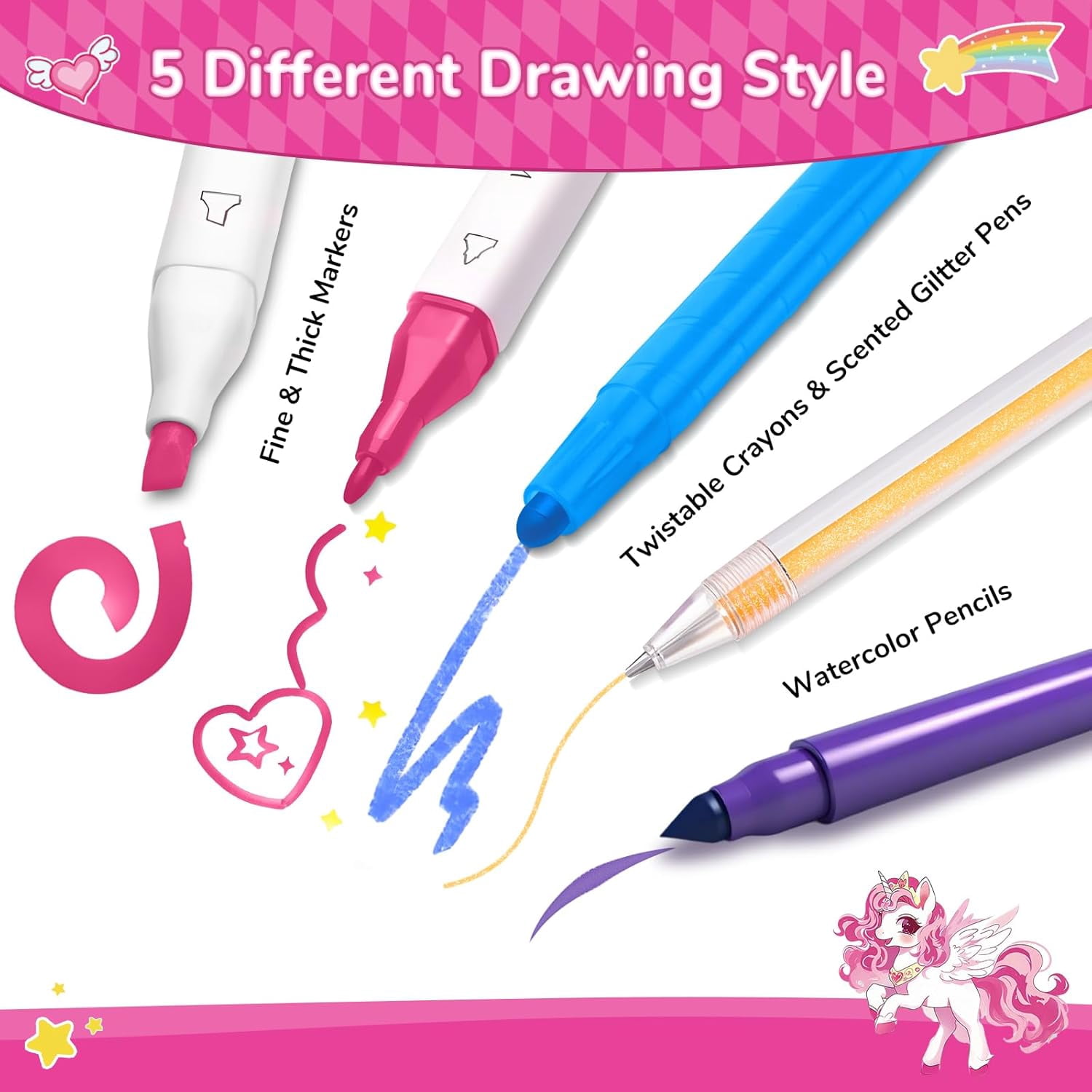 70PCS Unicorn Washable Markers Set with Glitter Case,Supplies for Kids Ages 4-6-8,Drawing Coloring Craft Kits for Girls with Marker,Glitter Pens,Crayon,Birthday Gifts Toys for Girls