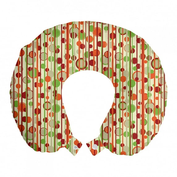 Geometric Travel Pillow Neck Rest, Abstract Stripes and Circles Retro Design Inspirations in Colorful Illustration, Memory Foam Traveling Accessory Airplane and Car, 12", Multicolor, by Ambesonne