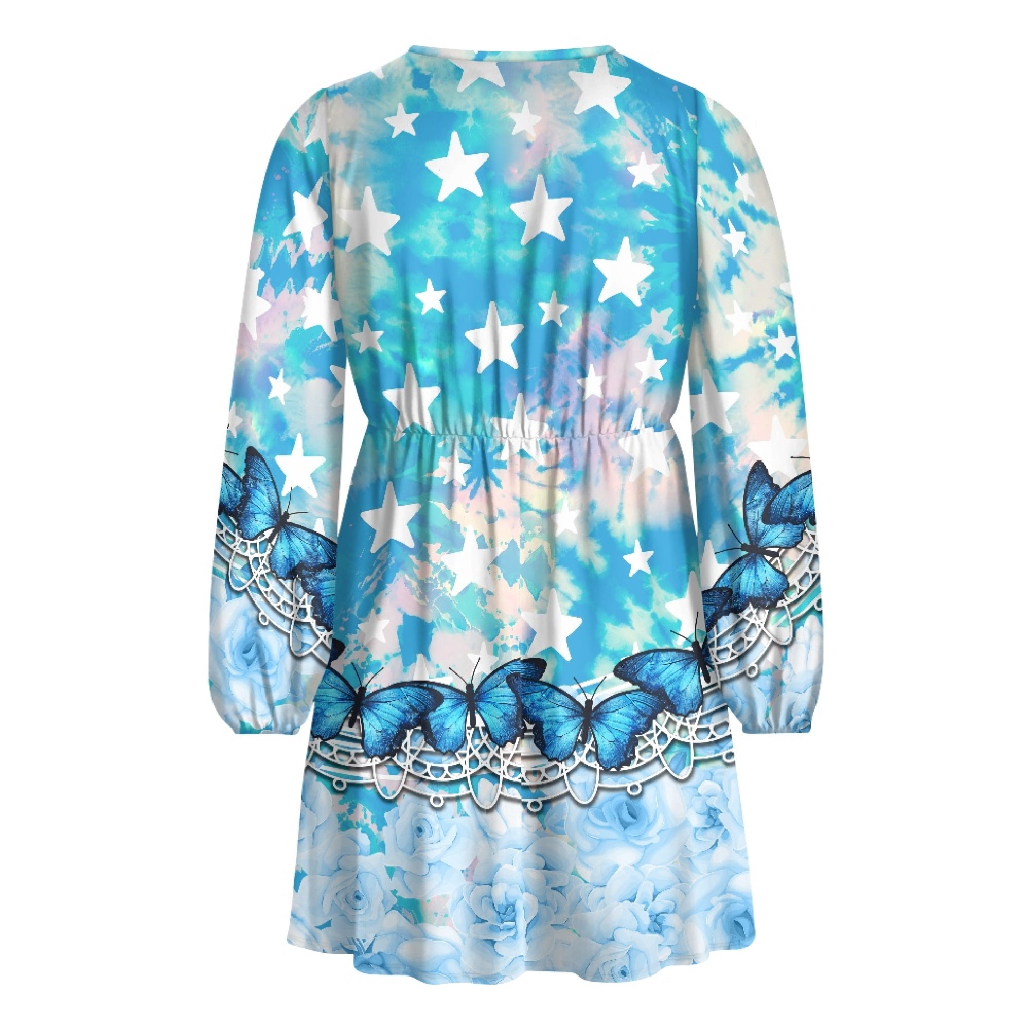 Yuyamidu Blue Butterfly Long Sleeve Dresses for Women Girls Flower A-Line Swing Flared Casual Party Dress Size XL Fashion V-Neck Midi Dress for Fall Winter