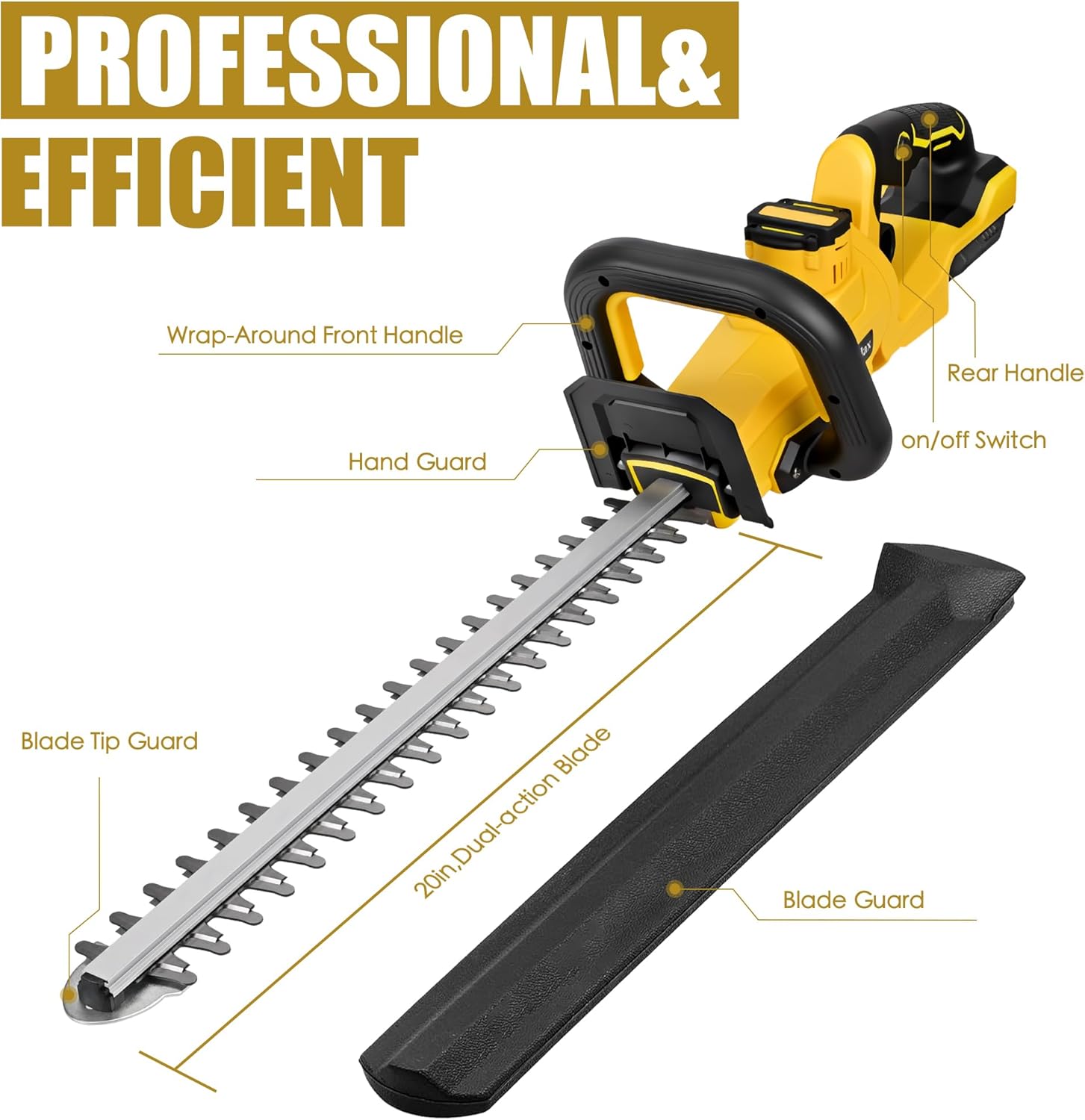 20-Inch Cordless Hedge Trimmer for Dewalt 20V Battery, Electric Hedge Trimmer with Dual-Action Blade, 3/5'' Cutting Width, Dual Switch Design (Battery Not Included)