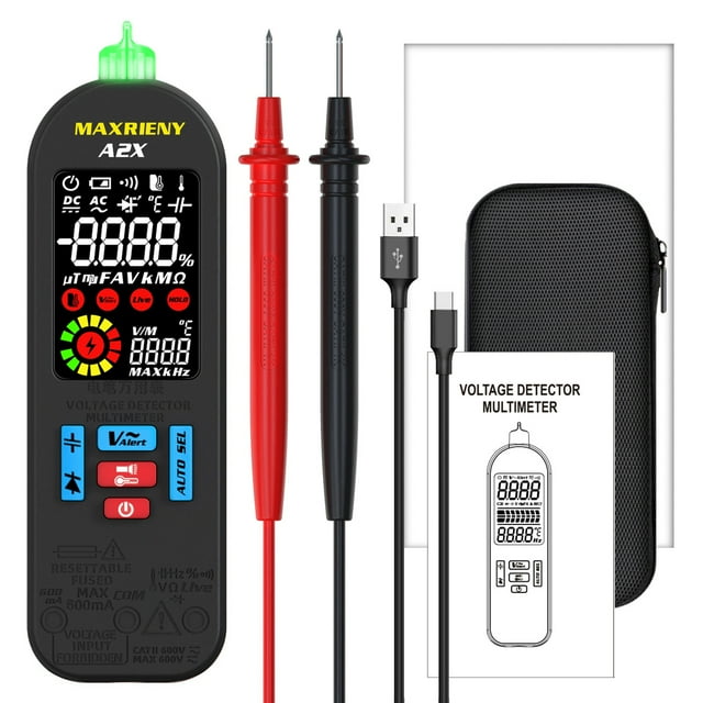 Zootealy A2X Digital Multimeter with V-Alert, Auto Ranging, and LCD Color Screen - Portable Anti-Burn Voltage Tester for Automotive and Household Use - AC/DC Current, Resistance, Frequency - Black