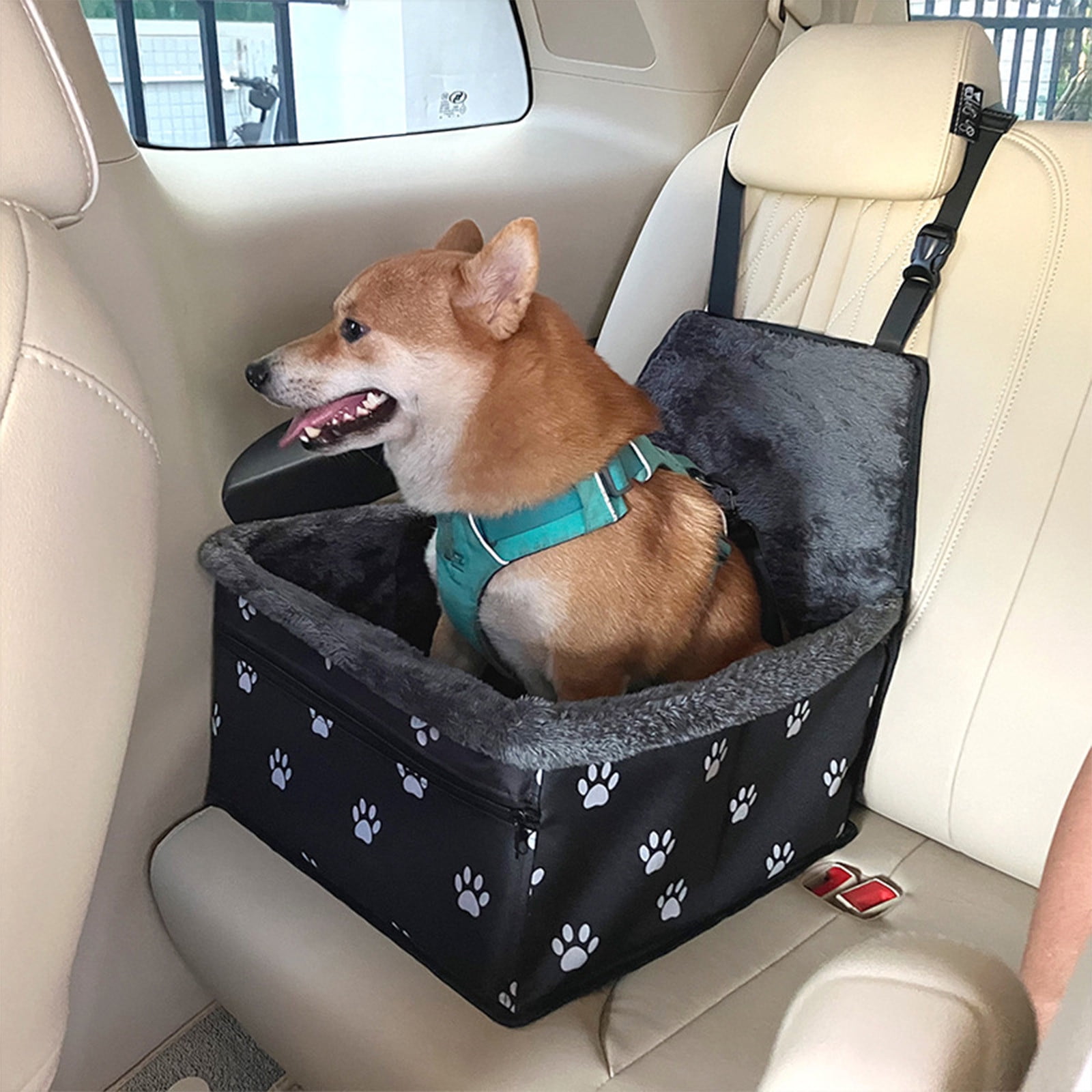 Yhmxh Pet Car Seat for Pet, Portable & Waterproof Oxford Dog Car Booster Seats, Comfort Cushion & Storage Pockets with Adjustable Straps, Foldable Travel Look Out Bag for Small Medium Dogs & Cats