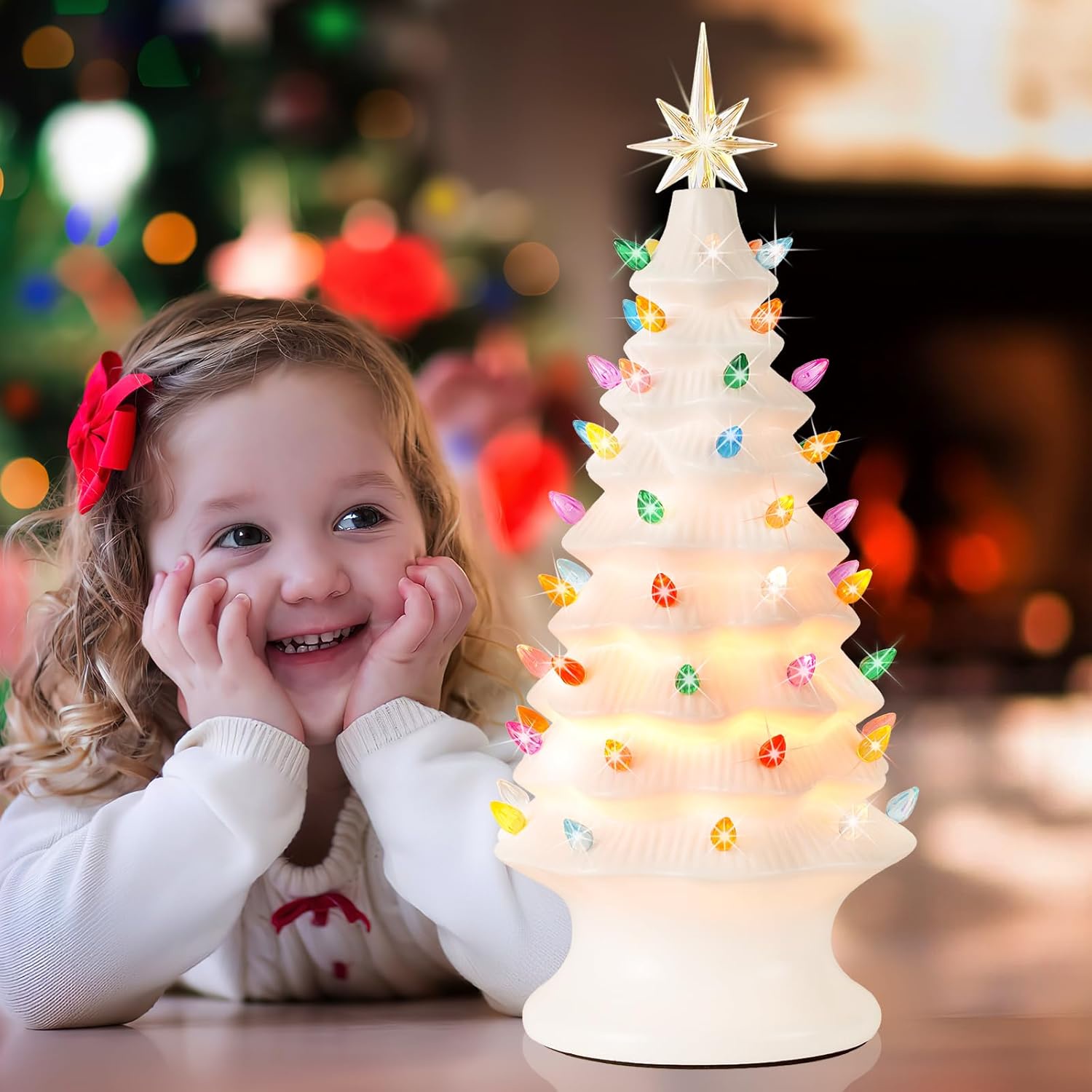 Nordic Hygge 2024 Newest 16.5" Hand Painted Resin Christmas Tree with Lights, Pre-lit Xmas Tree Decor Lighted Tabletop Decoration with Multicolored LED Bulbs, White