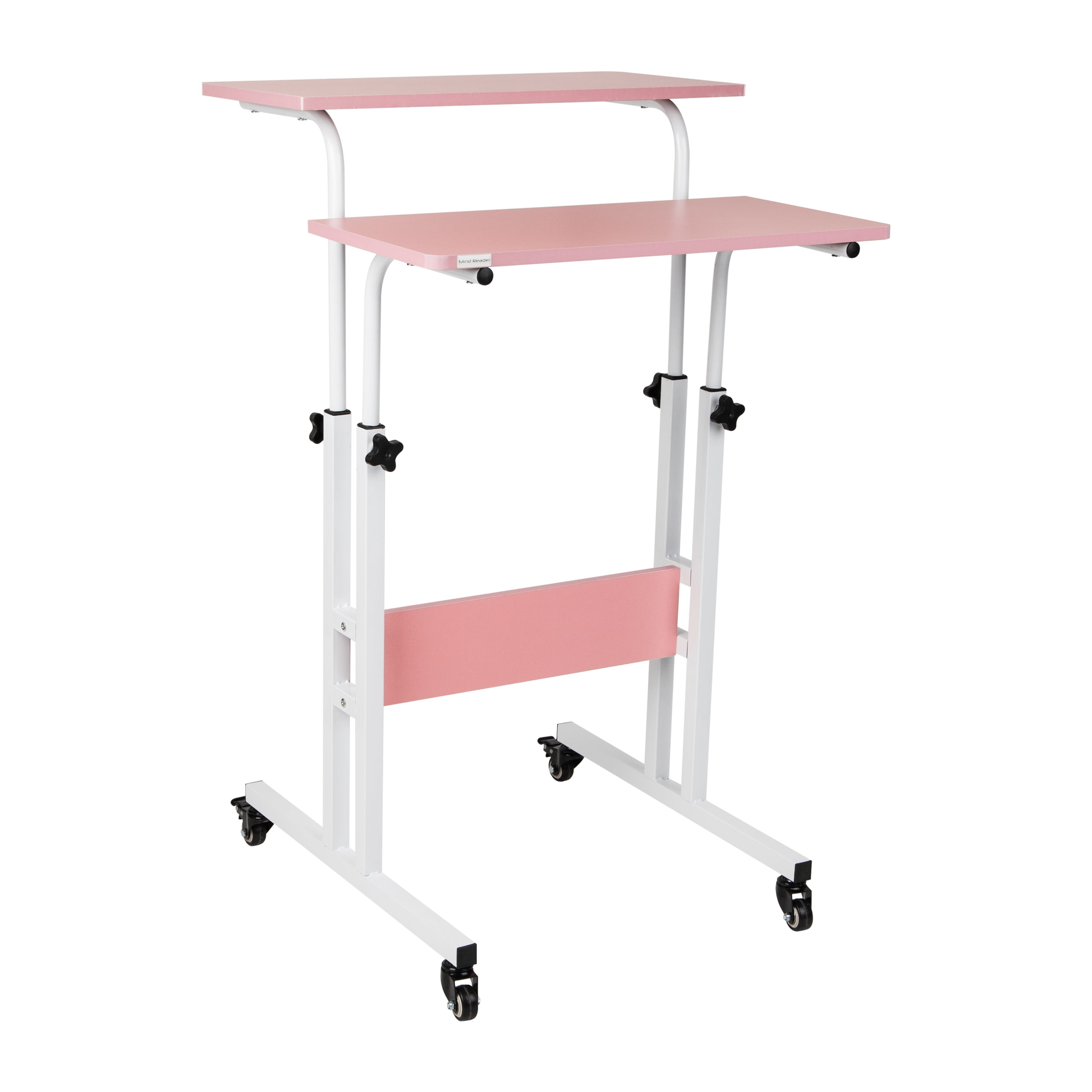 Mind Reader Standing Desk with Side Storage and Locking Wheels, Pink Finish