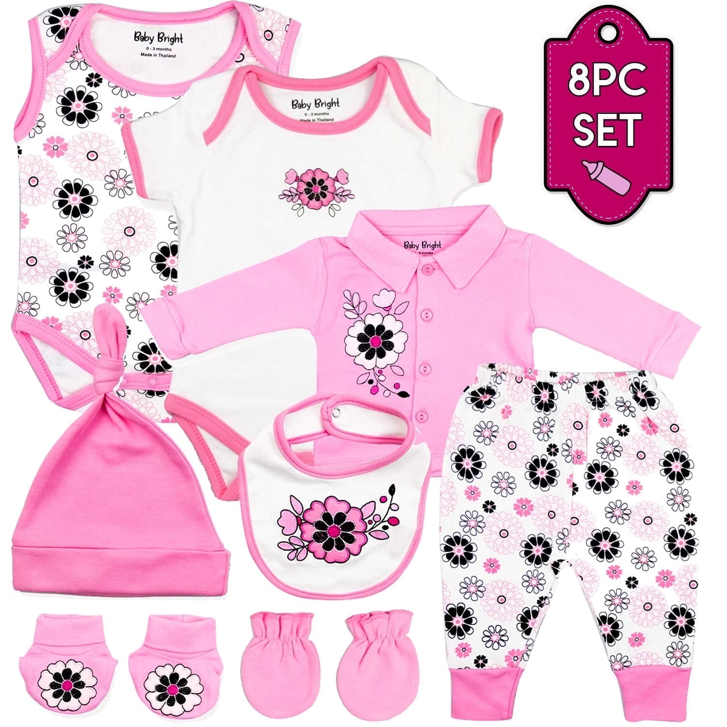 Baby Bright Newborn Girl 8pc Baby Gift Set, White Pink Flower, 0-3 Months