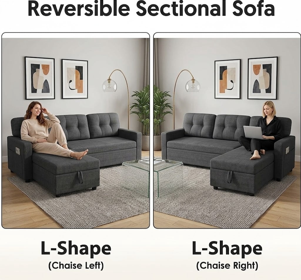 EPOWP 82" Sectional Sofa Bed, L-Shaped Sleeper Pull Out Couch with Storage Chaise & USB Charging Ports, Linen Fabric for Small Apartment Living Room,Dark Grey