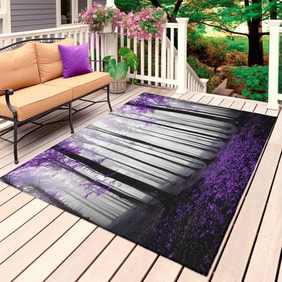 Purple Forest Outdoor Rug for Patio/Deck/Porch, Non-Slip Large Area Rug 5 x 7 Ft, Vintage Foggy Woods Tree Mysterious Indoor Outdoor Rugs Washable Area Rugs, Reversible Camping Rug Carpet Runner