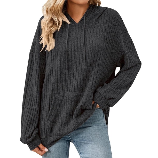 Sudadera con Capucha de Punto Acanalado para Mujer, Sudaderas Extragrandes con Bolsillo Tipo Canguro, Tops Casuales Holgados con Cordón Gris Oscuro M