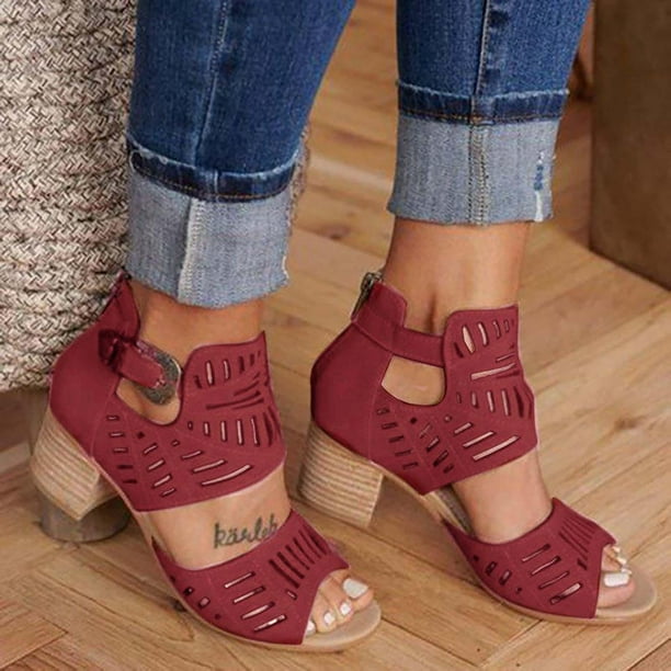 Sandalias de tacón grueso con cremallera trasera y hebilla de Metal con boca de pez hueca y diamantes de imitación calientes Wmkox8yii nm7425