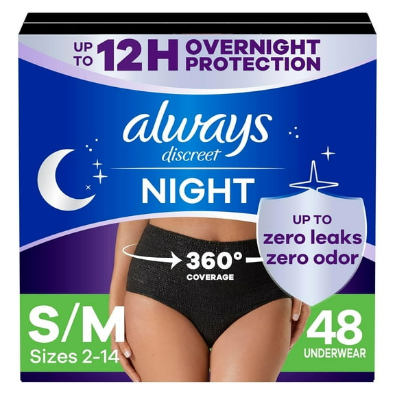 Always Discreet Adult Incontinence Overnight Underwear for Women, Small/Medium, Up to 100% Bladder Leak Protection, 48 Count (3 Packs of 16)