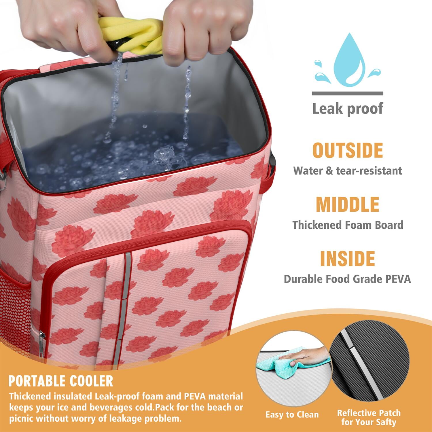 Travel Cooler Bag - Pioneer Flower Floral Print Pattern Camping Beer Cooler Backpack with Bottle Opener- Waterproof Insulated Picnic Backpacks - Cooler Bag for Beach