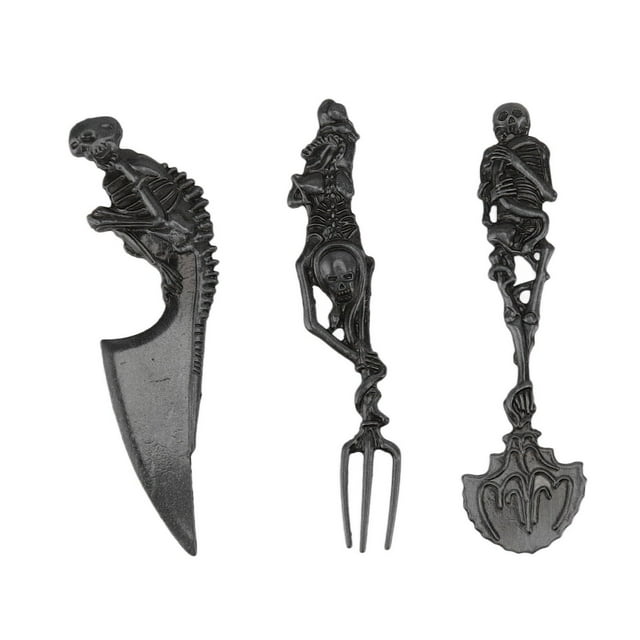Juego de cubiertos con forma de calavera de esqueleto, juego de cubiertos de 3 piezas, incluye cuchara, tenedor y cuchillo, vajilla de diseño moderno, aspecto fantástico (negro)