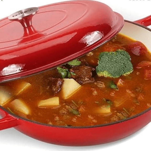 Cast Iron Casserole Braiser,3.8 Quart Enameled Cast Iron Pan,Heavy Duty Casserole Skillet with Lid and Dual Handles,Porcelain Surface Casserole Dish with Lid,Dutch Oven Gifts for Family,Red