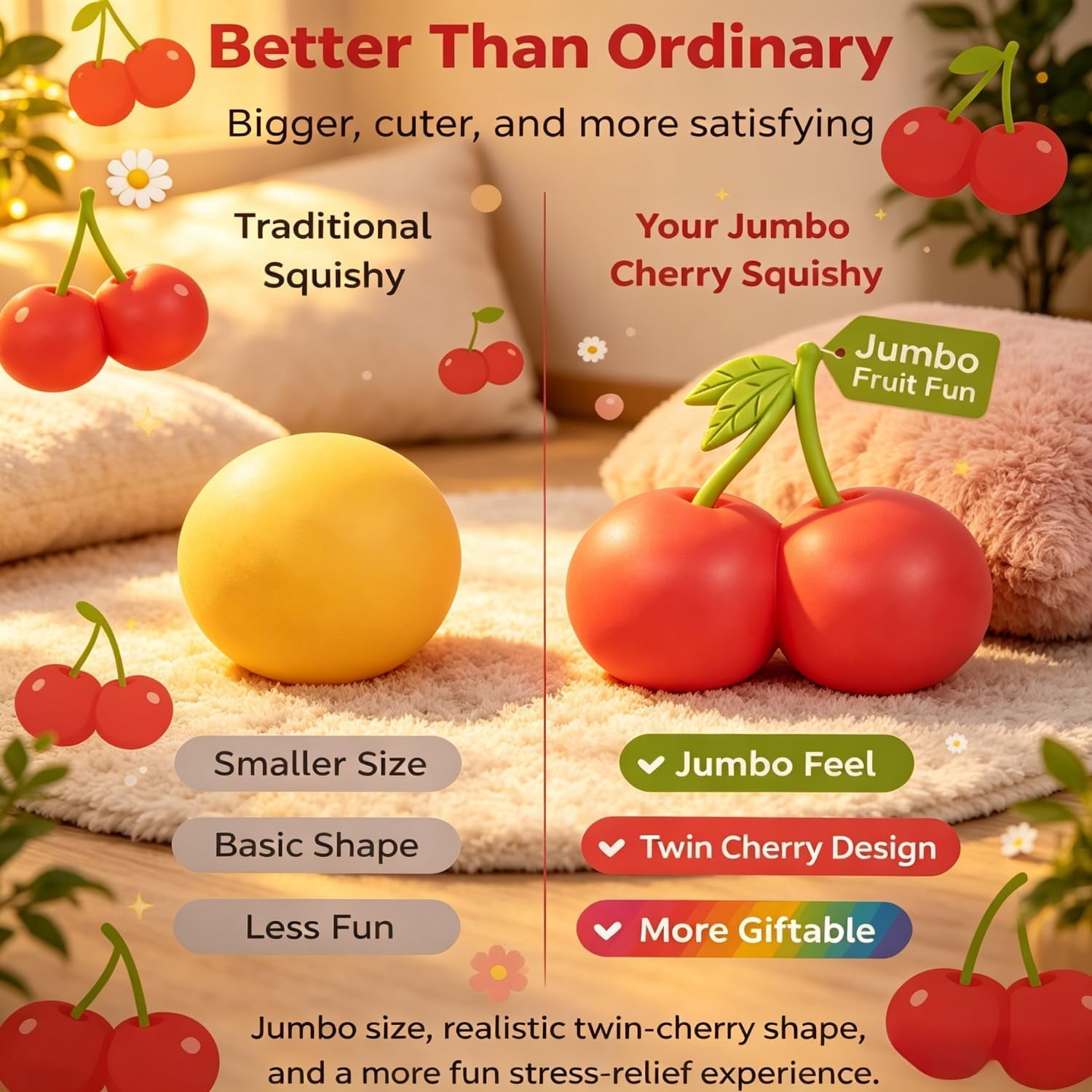 8in Giant Cherry Squishy, Jumbo Big Cute Realistic Cherry Stress Ball Soft Squishys Slow Rising Stress Ball for Anxiety Stress Party Favors (Giant Cherry)