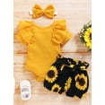 thumbnail image 3 of Hirigin Toddler Baby Girl Summer Clothes Set Short Sleeve Ruffled Bodysuit Romper Sunflower Shorts Headband Set, 3 of 8