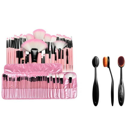 Zodaca 32 pcs Makeup Brushes Kit Set Powder Foundation Blending Eyeliner Highlighter Lip Highlighting Contouring Tools with Pink Makeup Bag + Oval Makeup Brush Small Head (Best Makeup Brushes For Contouring And Highlighting)