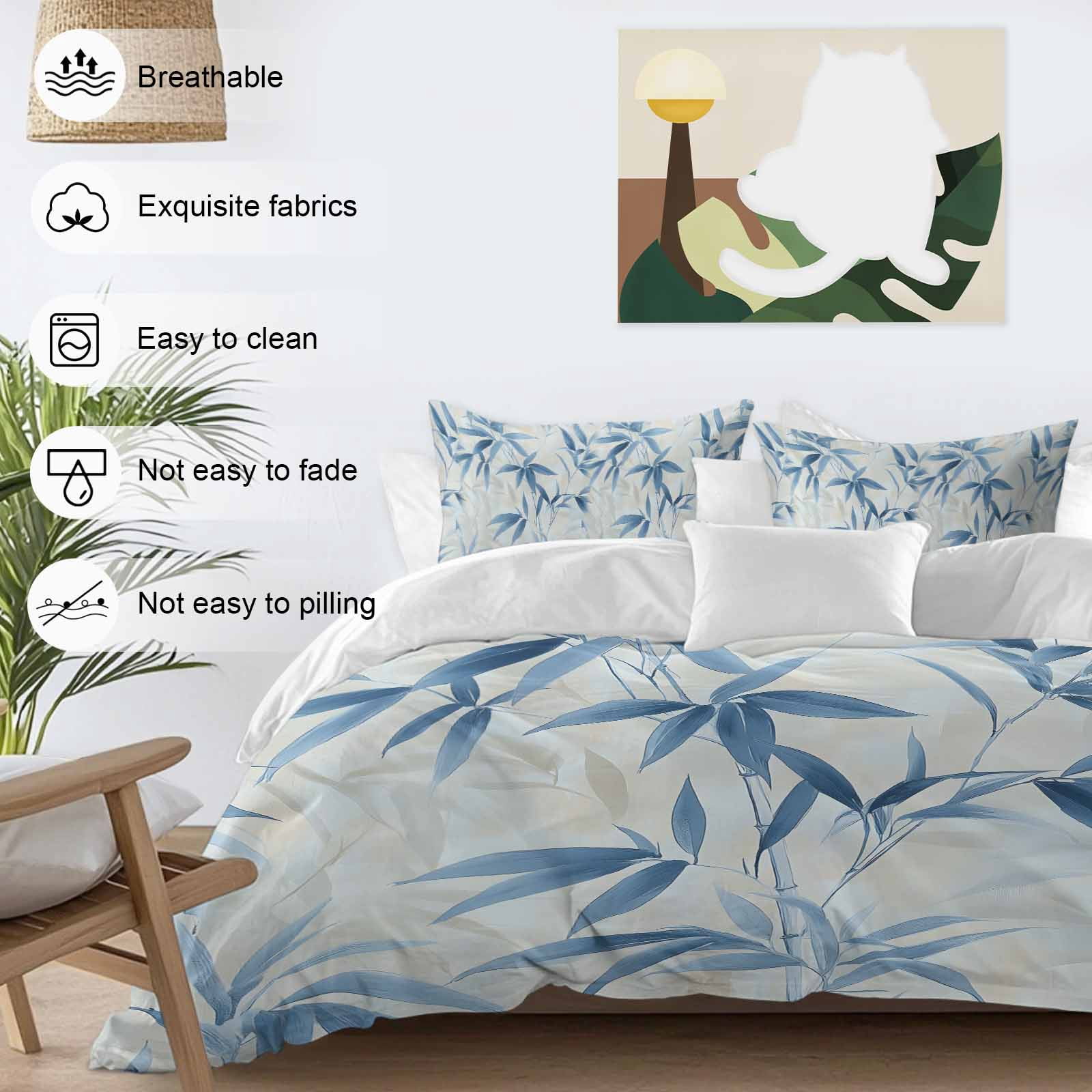 Abstract Bamboos Leaf Queen Duvet Cover Set, Blue Branches Leaves Watercolor 4 Piece Microfiber Bedding Set with Zipper Closure, Bed Sheet and 2 Pillow Shams, Soft Bedding Cover