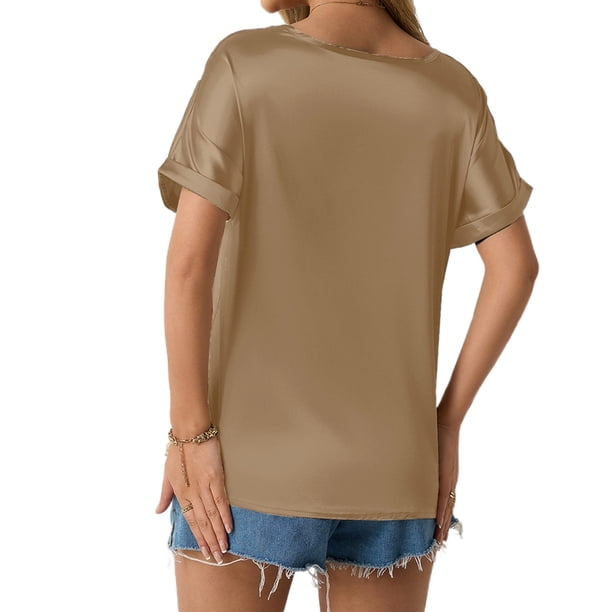 Top de manga corta de satén holgado para mujer, ideal para primavera/verano - Bolsillos, puños enrollados, estilo versátil - Tallas S-XL, ideal para la playa y los recados