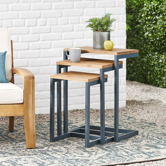 Modern Industrial Firwood Nesting Tables (Set of 3), Antique Brown and Black with Blue