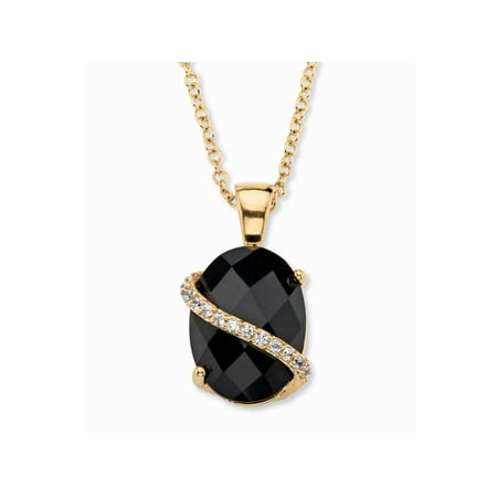 - .20 TCW Oval Checkerboard-Cut Genuine Black Onyx and Pave CZ Accent Pendant Necklace 14k Gold-Plated 18
