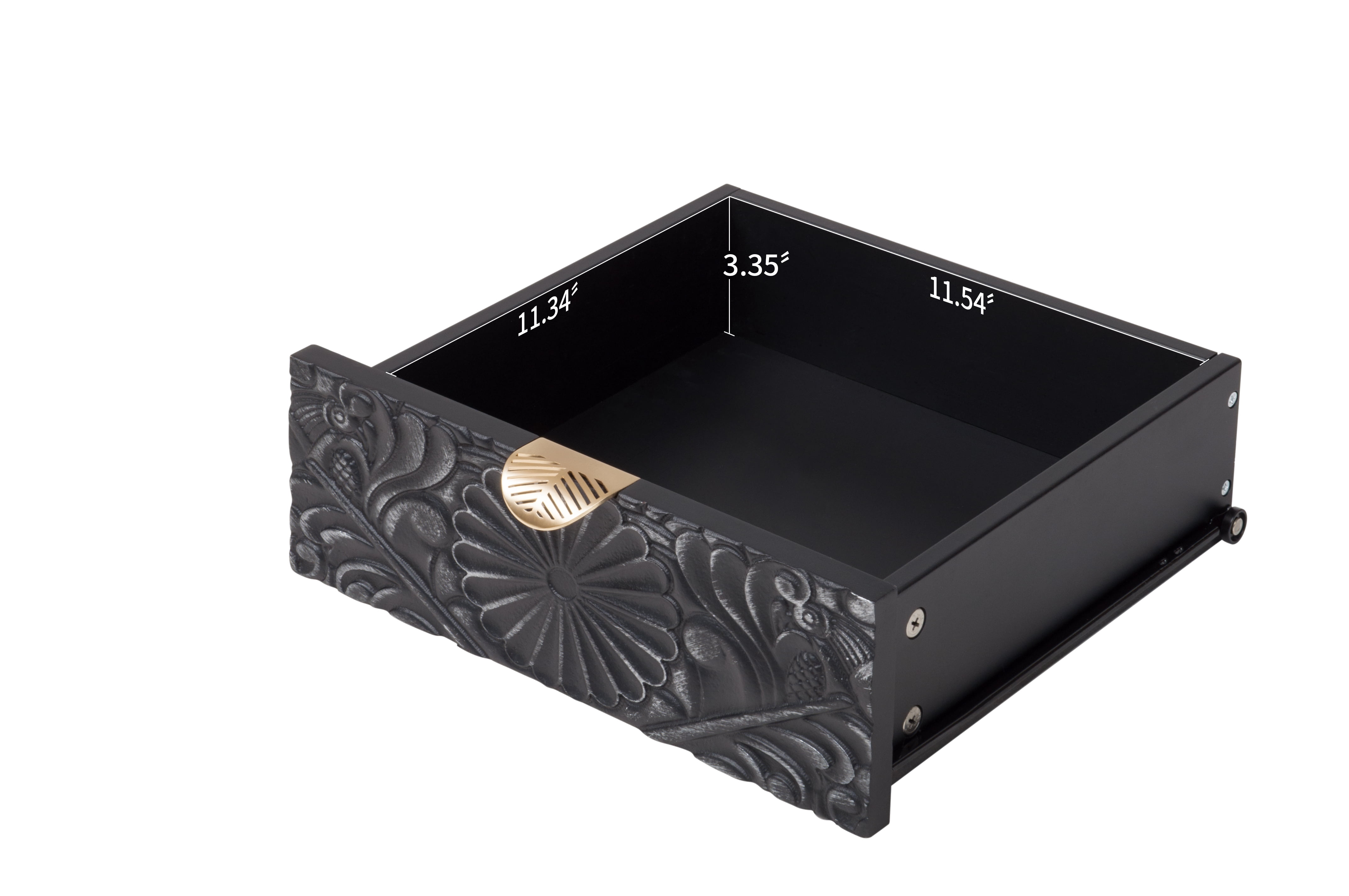 Hand-Carved Floral Embossed Black Wooden Accent Storage Cabinet with Drawer & Cabinet Doors, Gold Handles, Adjustable Shelf Anti-Tip Design, Sideboard for Entryway Living Room