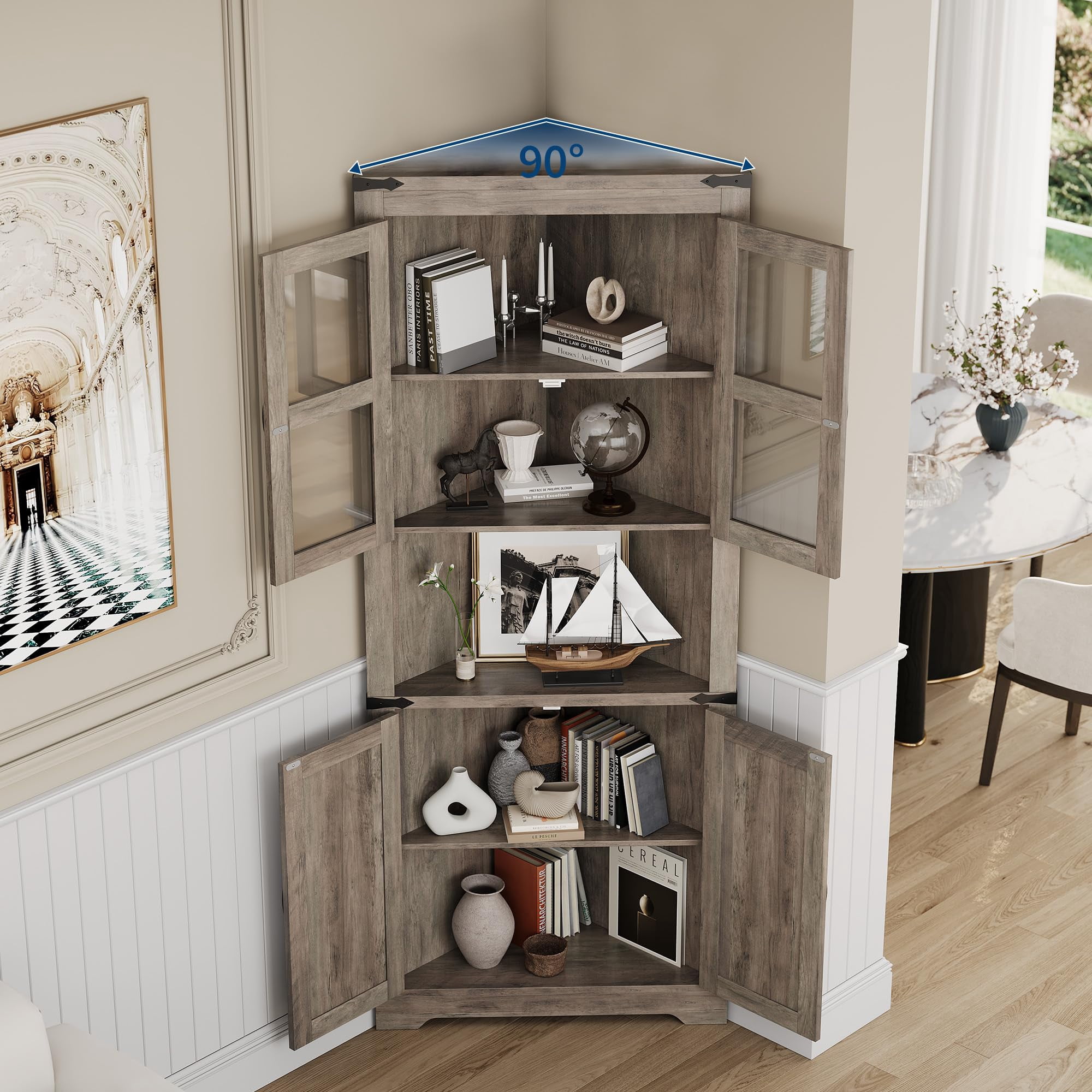 Corner Storage Cabinet with Glass Doors, Double-Door Corner Cabinet, Corner Cabinet with Shelves, Corner Cabinet with Light Strips-gray
